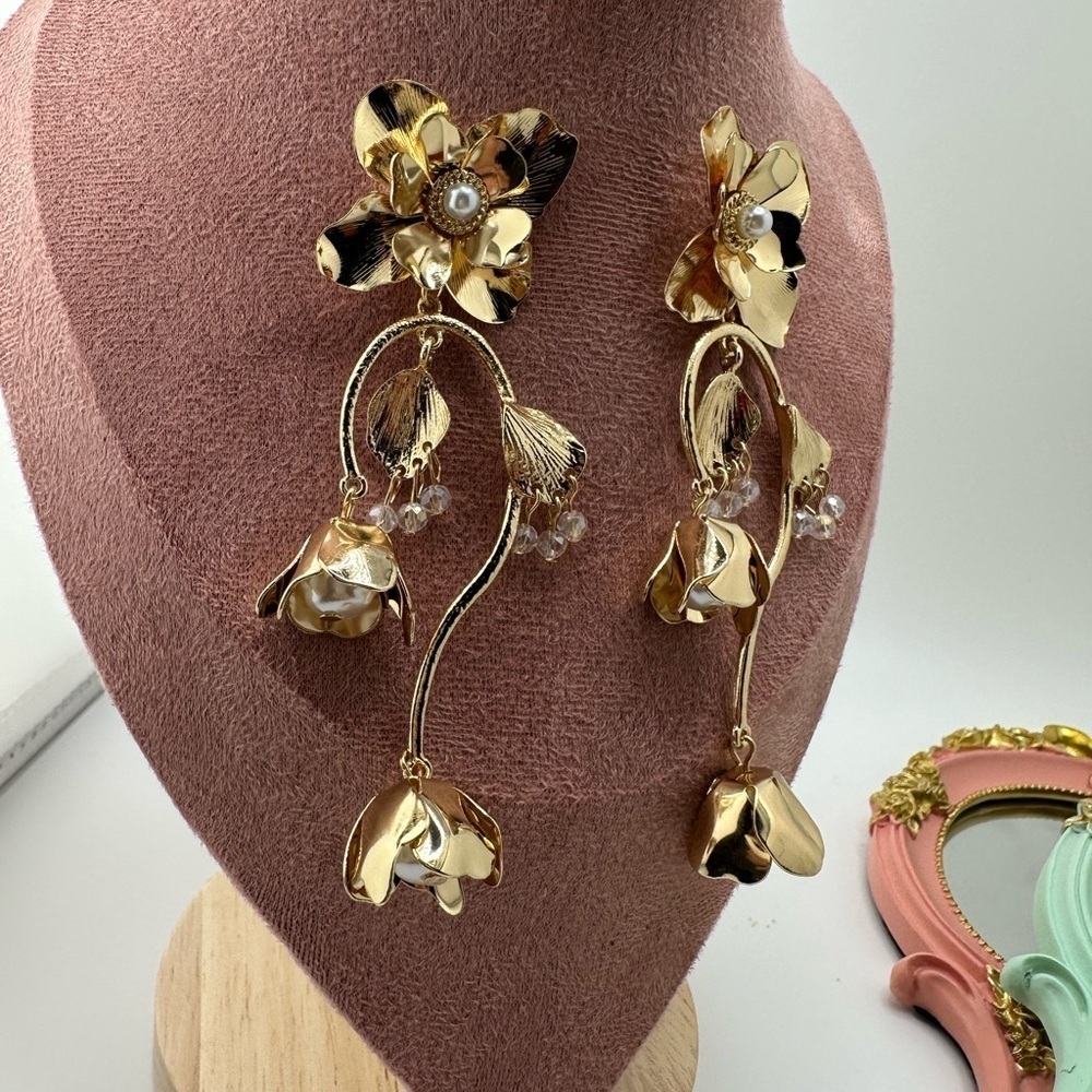 Gold Floral Drop Earrings - Picture 6 of 11